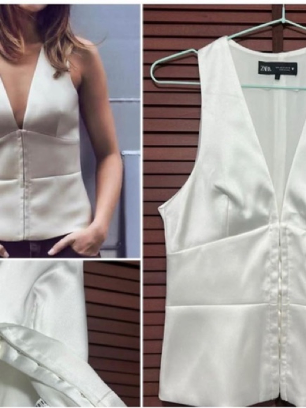 Zara Ivory Satin V-Neck Sleeveless Camisole Top